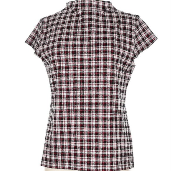 Ann Taylor Mock Neck Cap Sleeve Plaid Top (Black, Red & White) - Picture 2 of 5